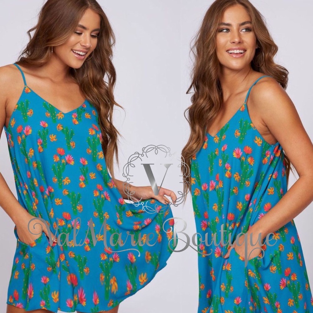 Teal cactus floral swing dress loose women’s dress